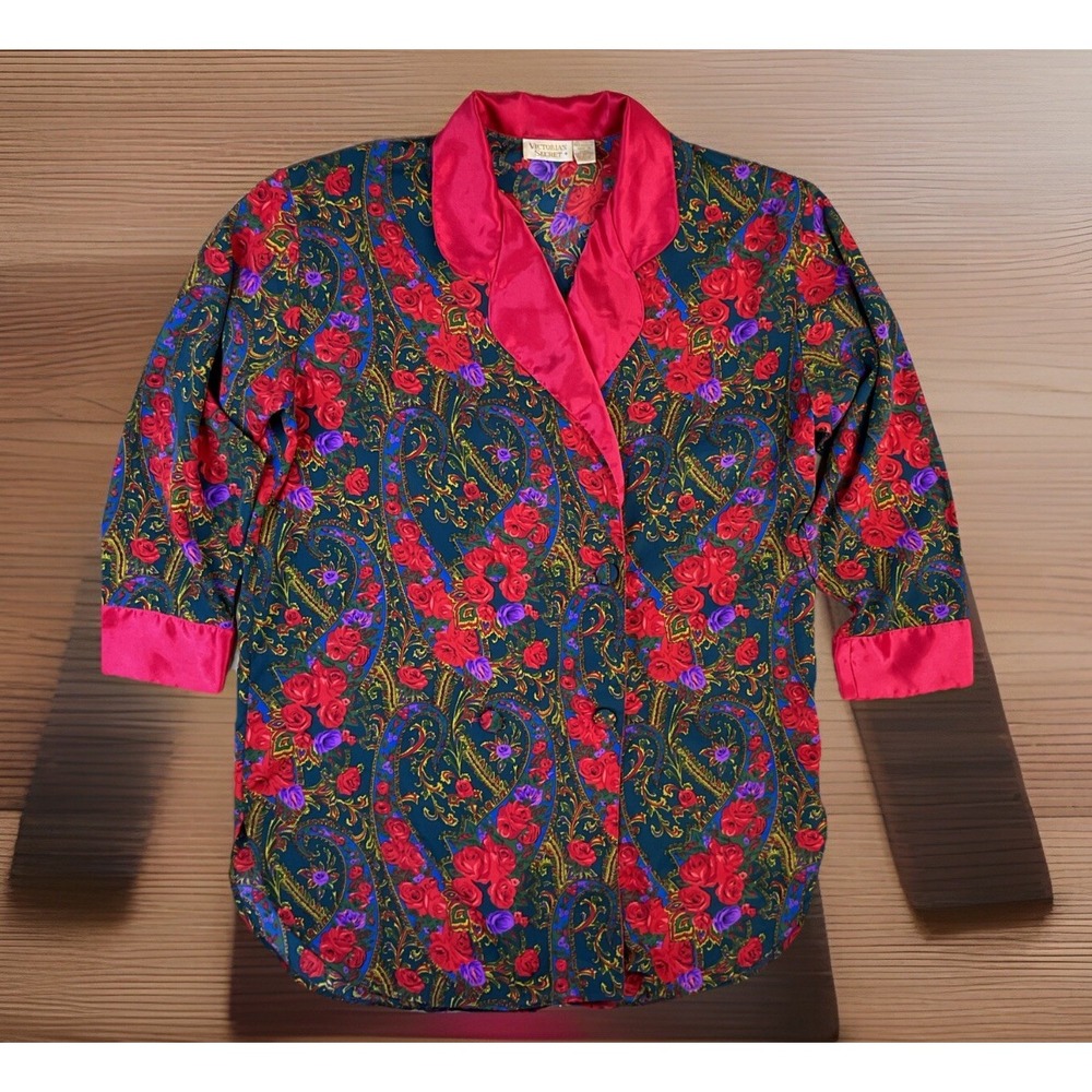 Victorias Secret Robe Womens M Gold Label Floral Satin Double Breasted Vintage - Picture 2 of 11